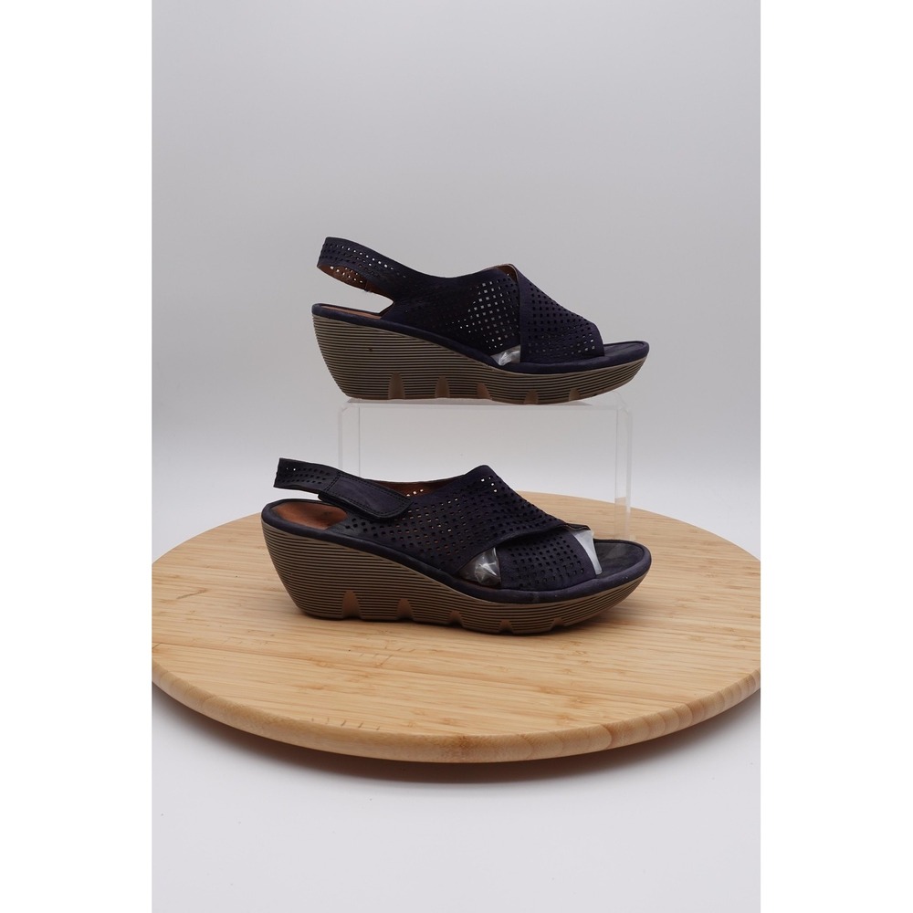 Clarks Sandals Womens Size 7.5 38 Blue Suede Slingback Wedge Comfort Shoes
